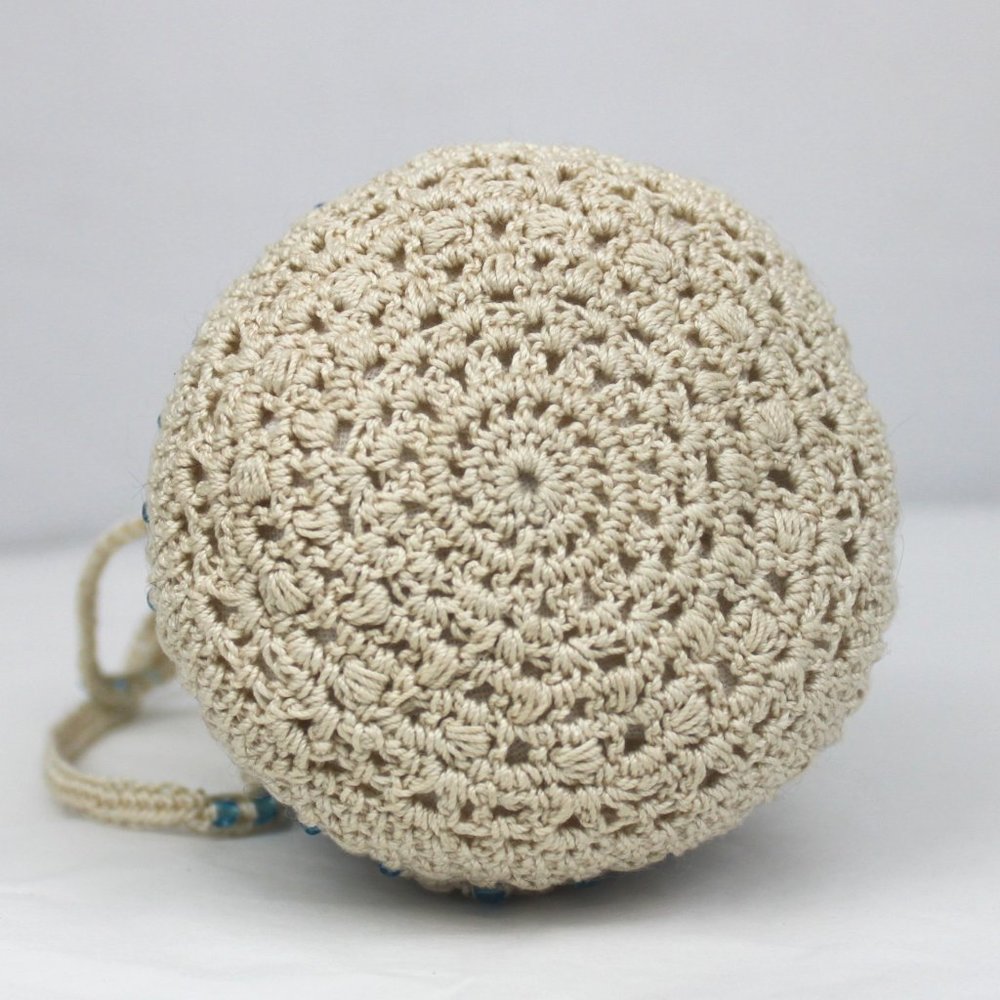 Blue Glass Beaded Cream Crochet Drawstring Pouch - Picture 6 of 9
